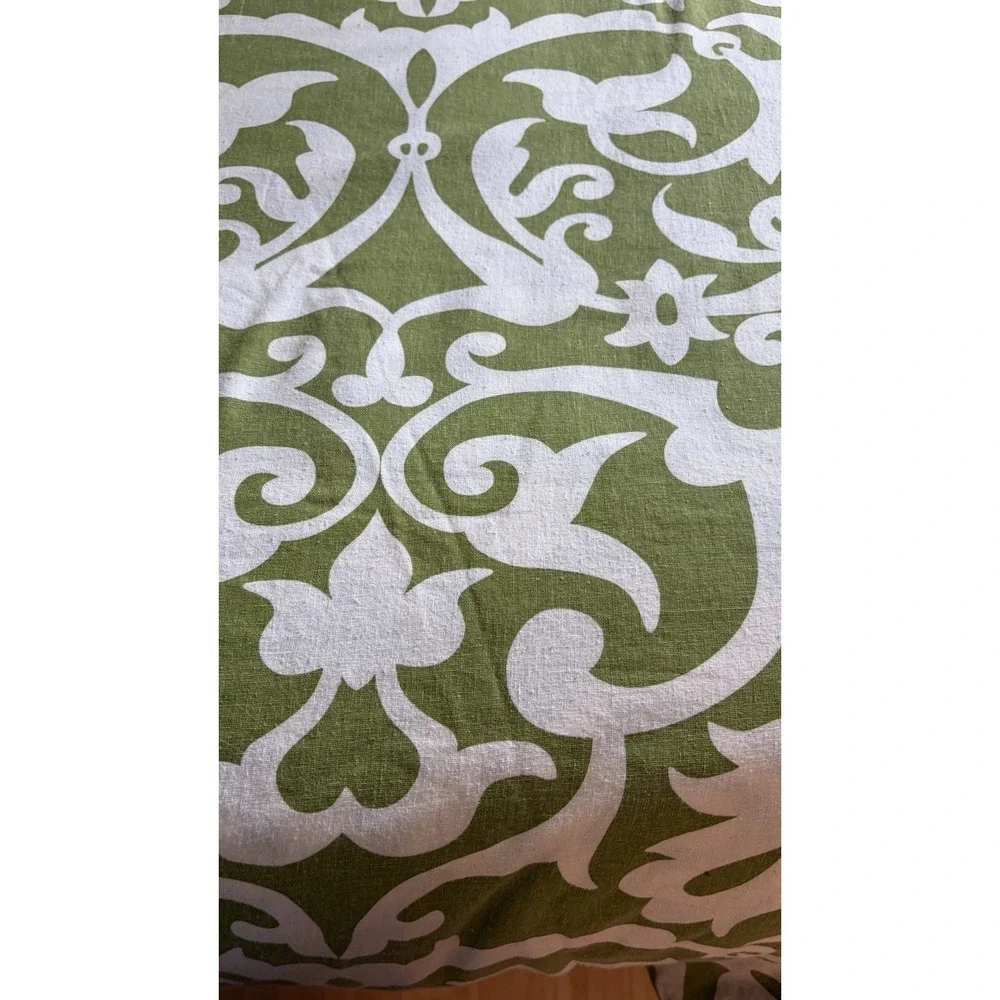 Pottery Barn Garden Gate Duvet Cover King Size Linen Cotton Green White Scroll